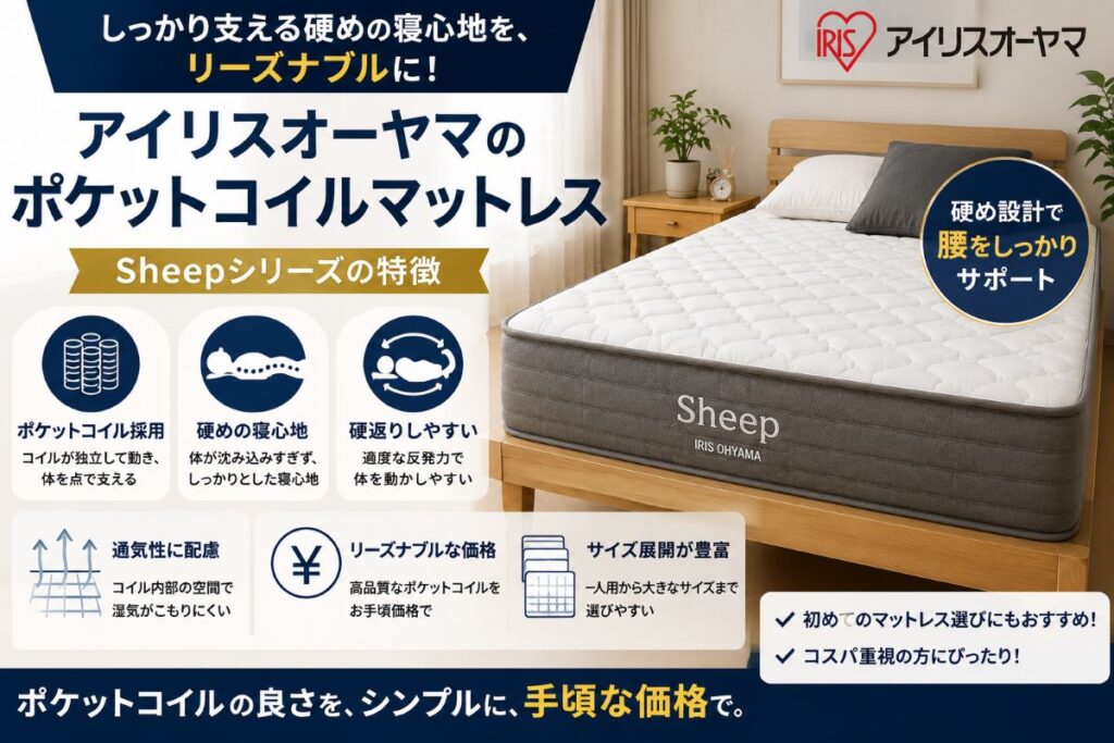 アイリスオーヤマのポケットコイルマットレス「Sheep」の特徴を紹介する寝室イメージ