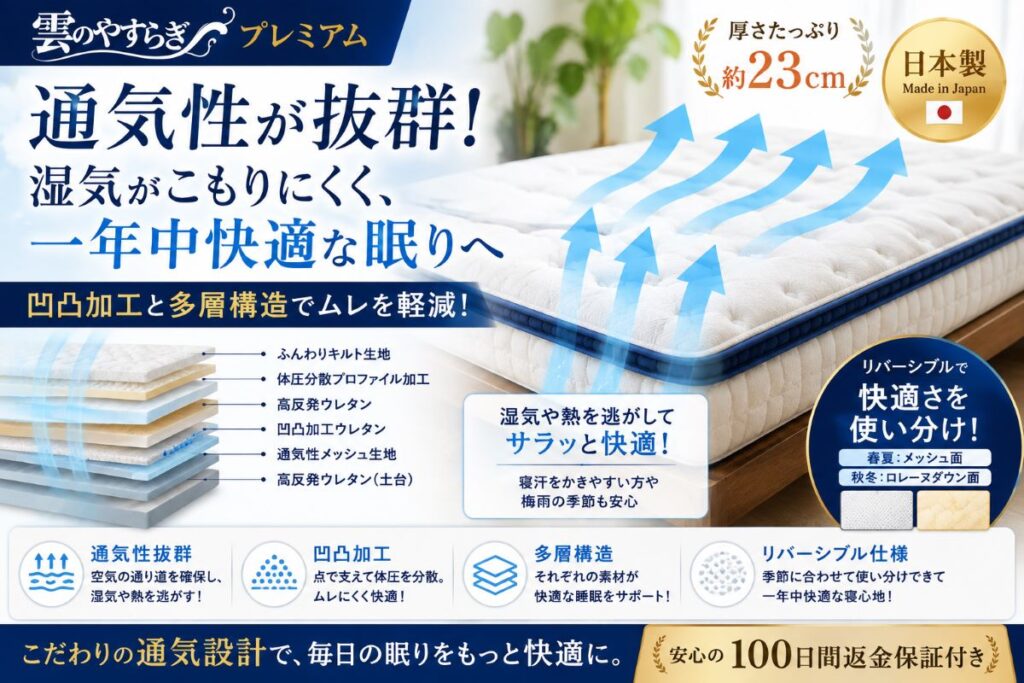 雲のやすらぎプレミアムの通気性｜凹凸加工と多層構造で湿気がこもりにくい快適マットレス