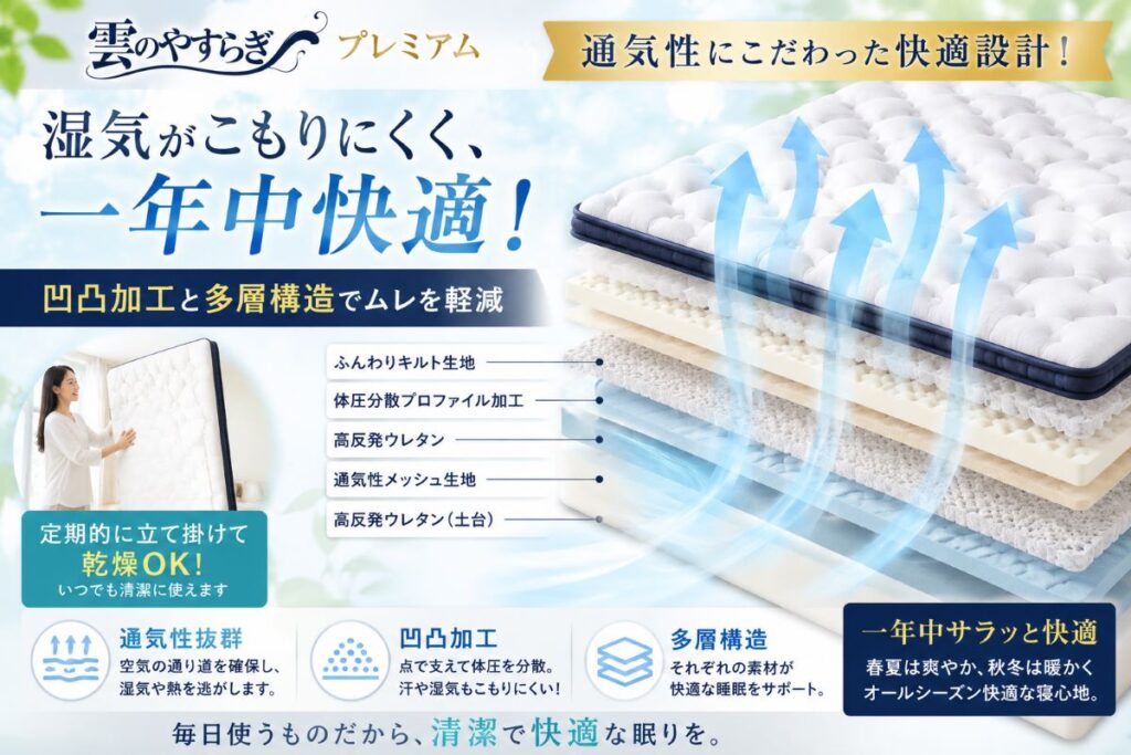 雲のやすらぎプレミアムの通気性｜凹凸加工と多層構造で湿気がこもりにくいマットレス