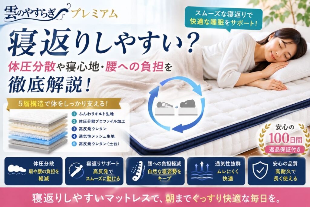 雲のやすらぎプレミアムは寝返りしやすい？体圧分散や高反発構造を解説するイメージ