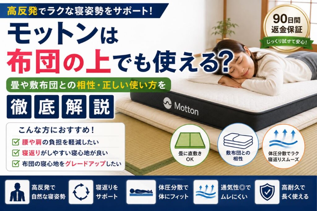 畳の上にモットンマットレスを敷いて快適に眠る様子と布団で使うイメージ