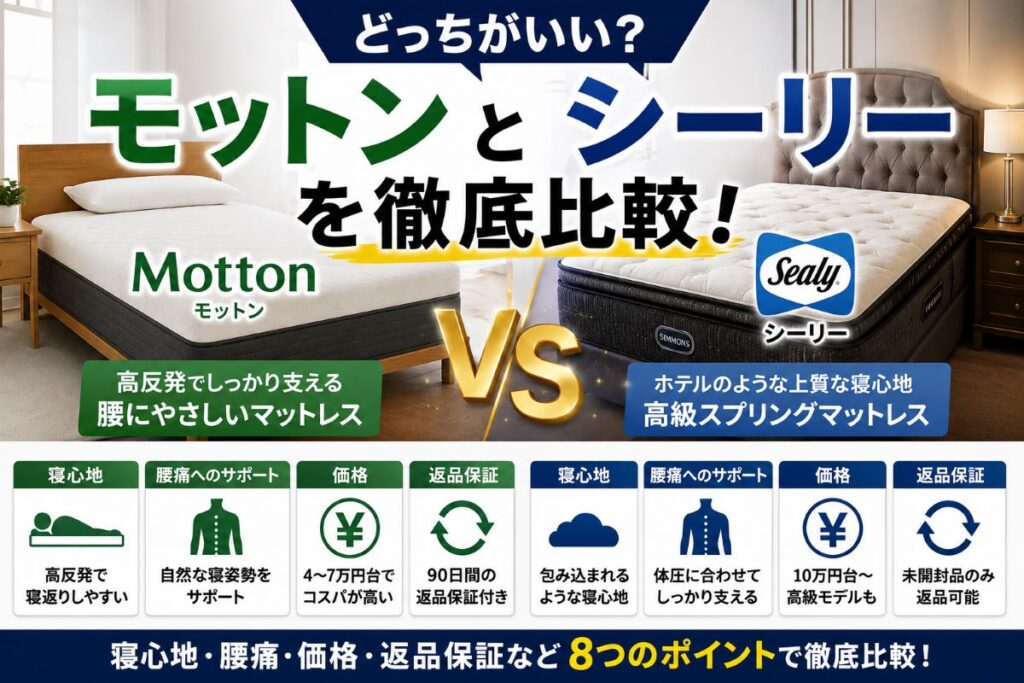 モットンとシーリーのマットレスを比較し寝心地や腰への負担、寝返り、体圧分散、価格、返品保証の違いを解説するイメージ