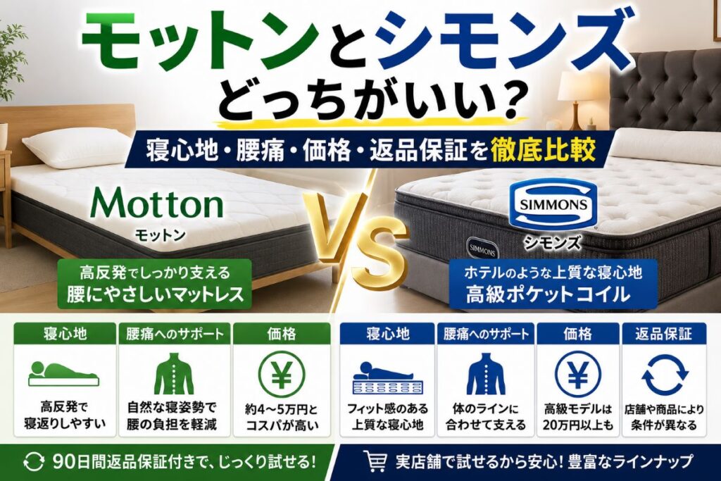 モットンとシモンズのマットレスを寝心地・腰への負担・価格・返品保証で比較