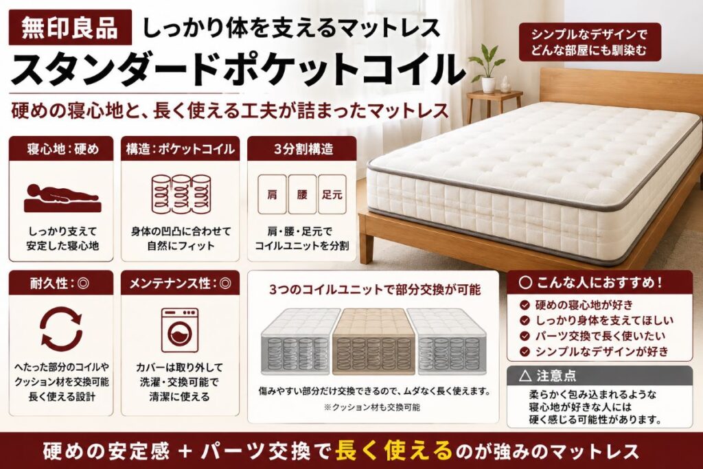 無印良品スタンダードポケットコイルの特徴を紹介するマットレス