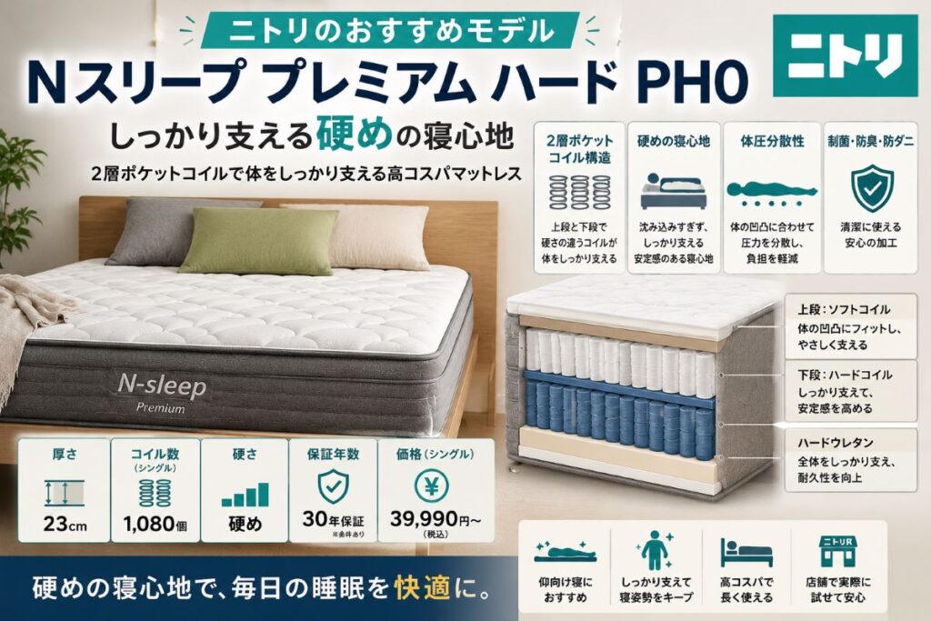 ニトリ Nスリープ プレミアム ハード PH0の特徴を紹介する硬めのポケットコイルマットレス