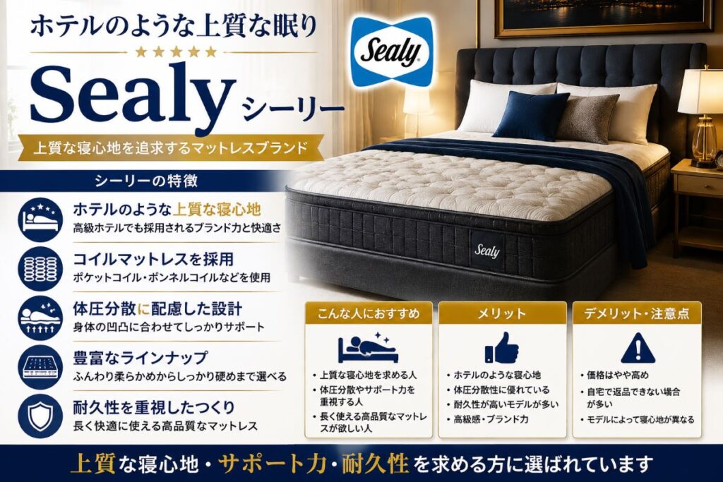シーリーの特徴を紹介する高級マットレスと上質な寝室
