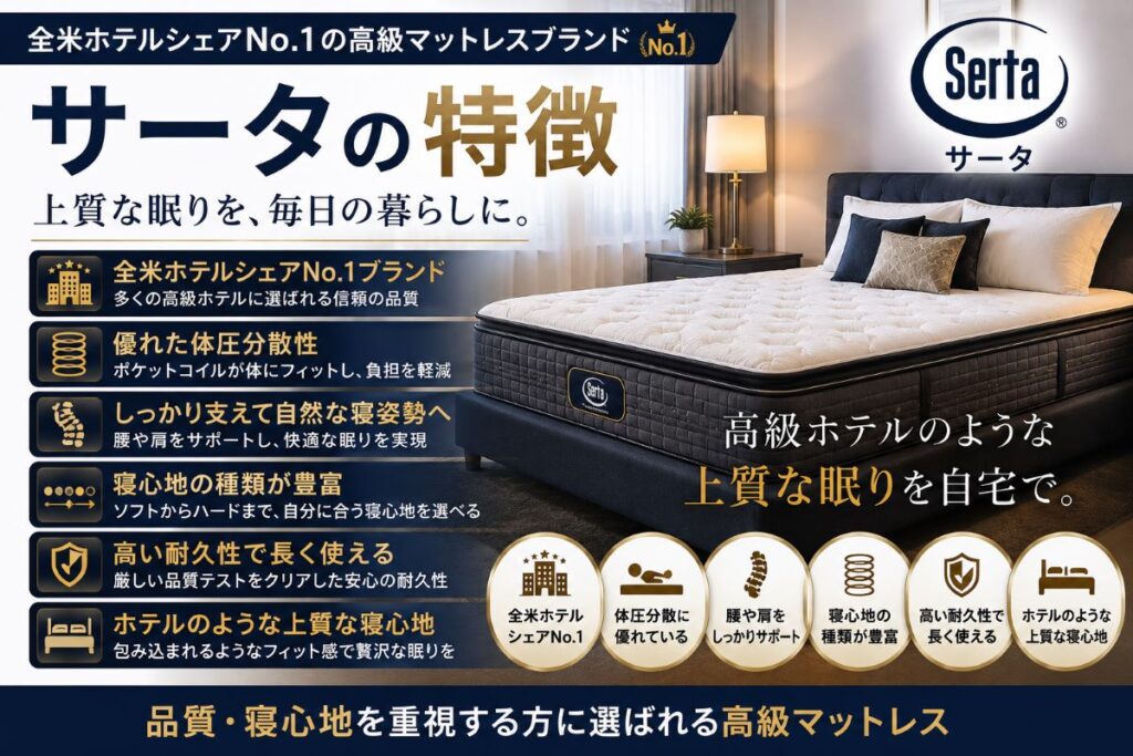 サータマットレスの特徴を解説。ホテル品質の寝心地とゾーニング構造、体圧分散に優れた高級ポケットコイルマットレスのイメージ