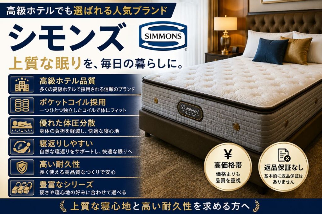 シモンズマットレスの特徴を解説。高級ホテルで採用されるポケットコイルによる寝心地や体圧分散、耐久性をイメージしたイラスト
